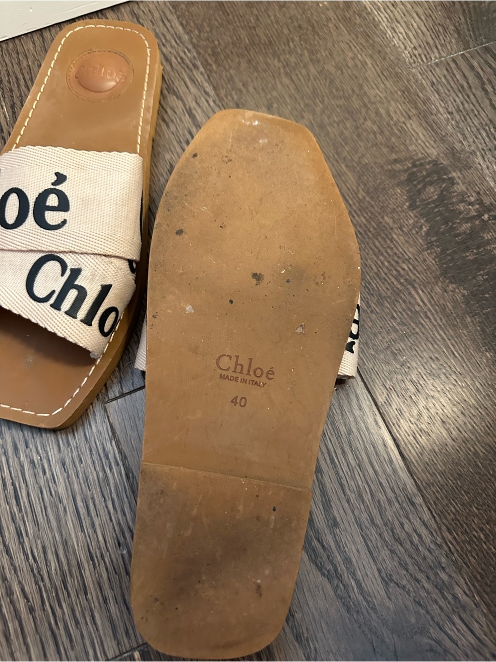 Chloe Tan Leather & Beige Logo Slide Sandals - Picture 3 of 3